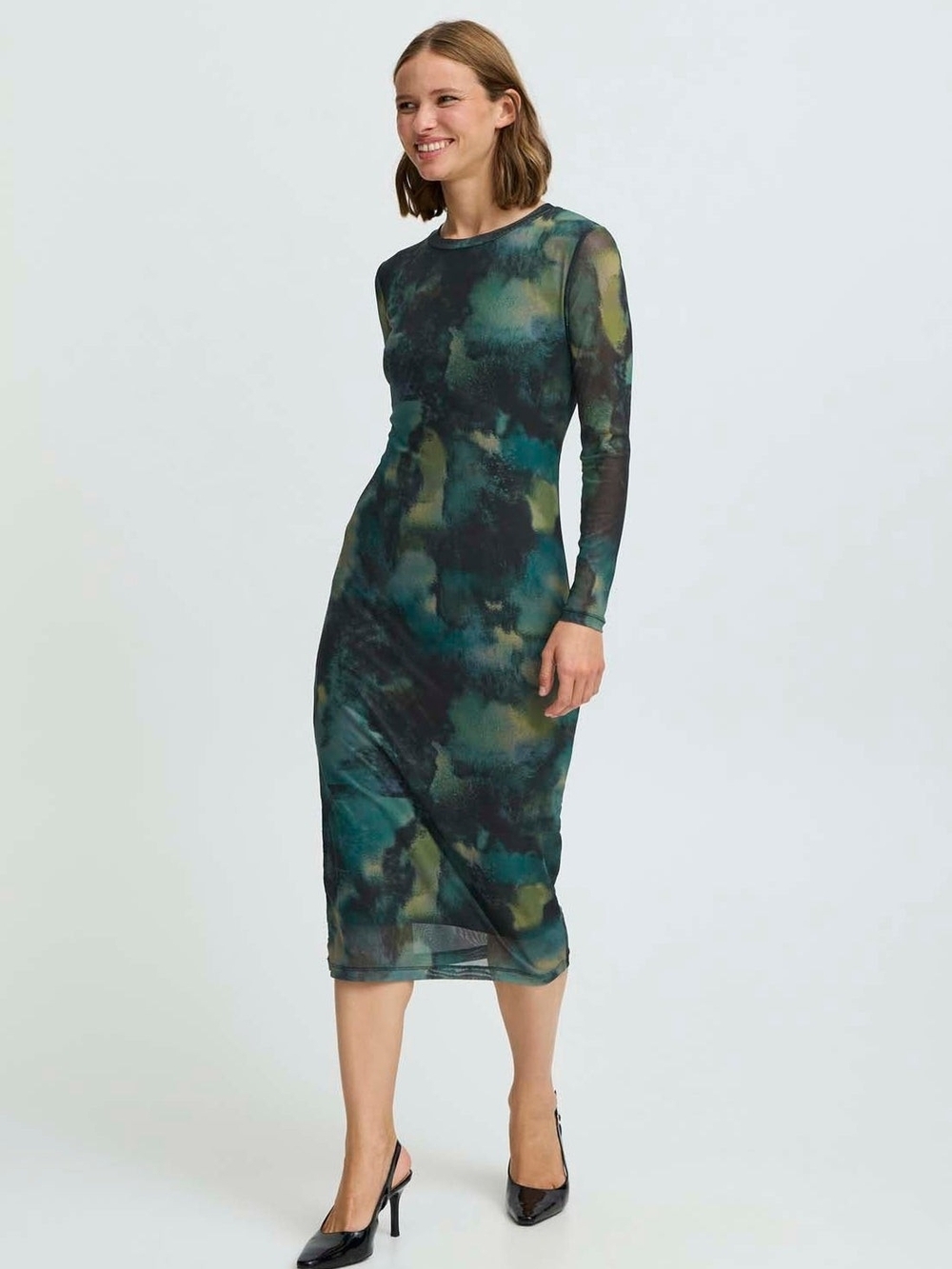 B.Young PALOMA Jersey Dress Long Sleeve Green Tie-Dye Mesh Midi Dress XS